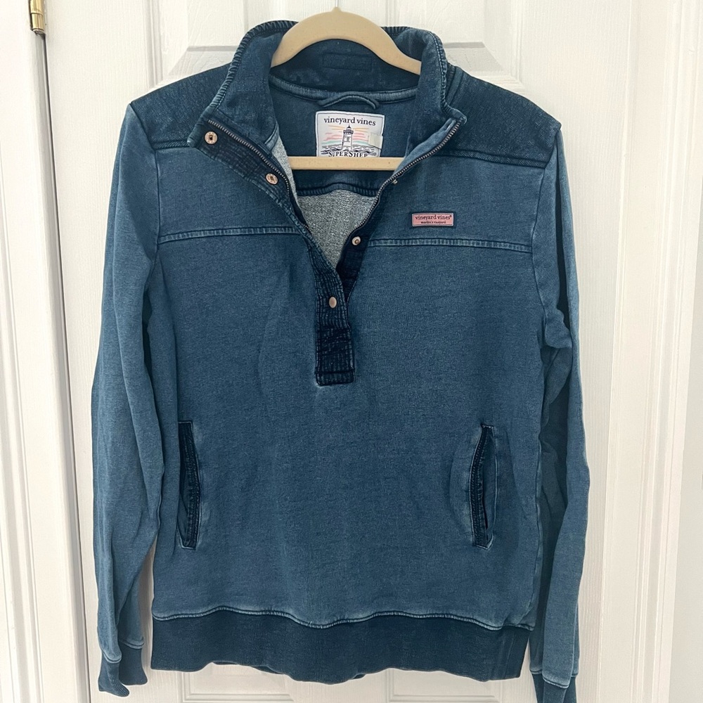 Vineyard Vines SuperShep Shep Shirt indigo sweatshirt. Quarter zip with buttons.